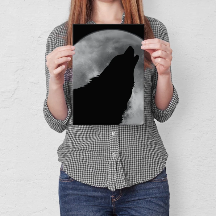 Plakat metalowy Wilk wyjący do księżyca