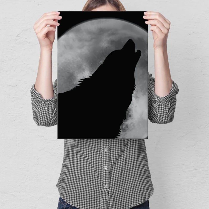 Plakat metalowy Wilk wyjący do księżyca