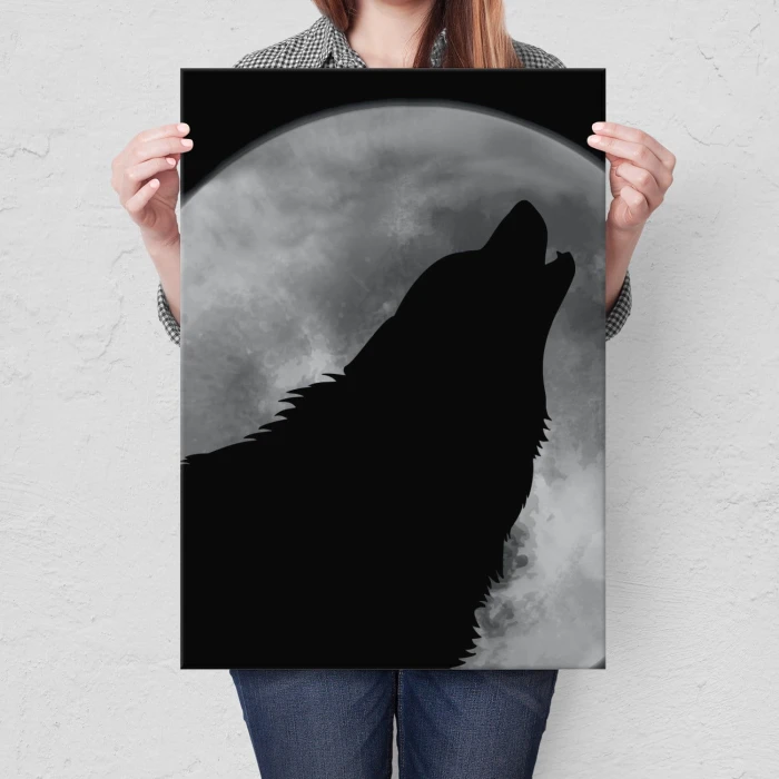 Plakat metalowy Wilk wyjący do księżyca