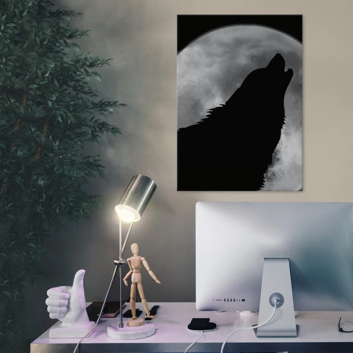 Plakat metalowy Wilk wyjący do księżyca
