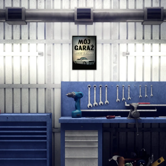 Plakat metalowy Mój garaż moje zasady e30