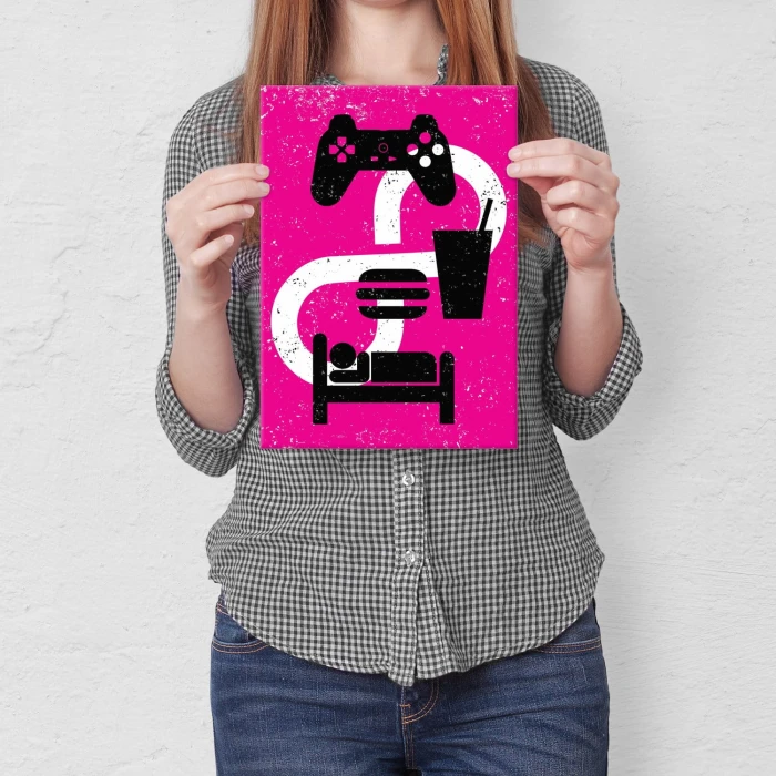 Plakat metalowy Play eat sleep Prezent