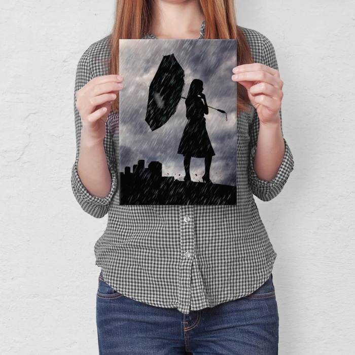 Plakat metalowy Dziewczyna w deszczu Prezent