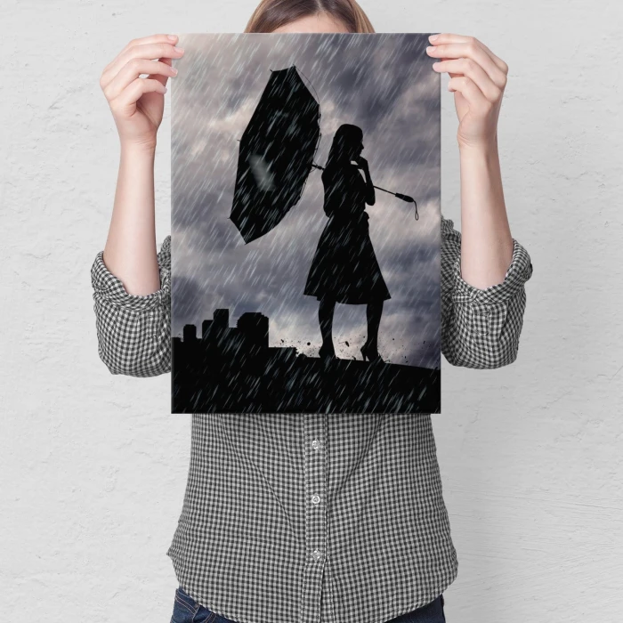 Plakat metalowy Dziewczyna w deszczu Prezent