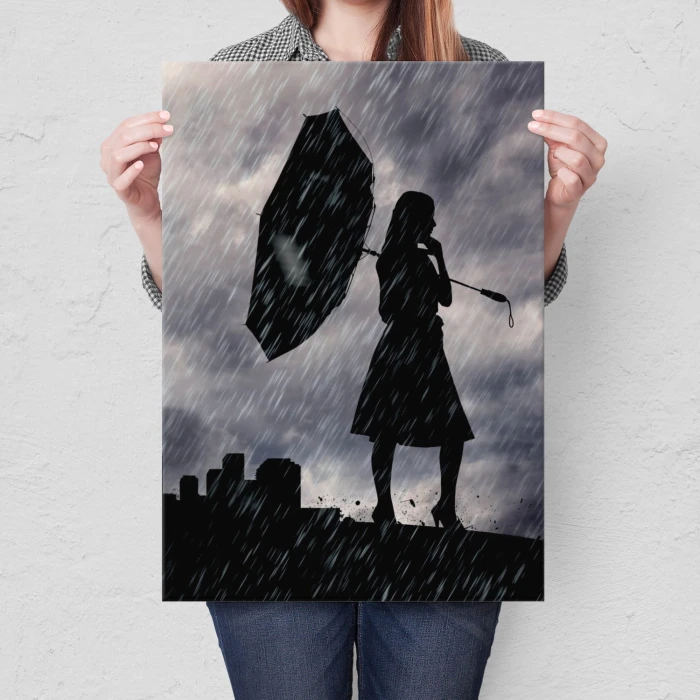 Plakat metalowy Dziewczyna w deszczu Prezent