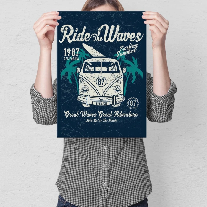 Plakat metalowy Ride the waves Prezent