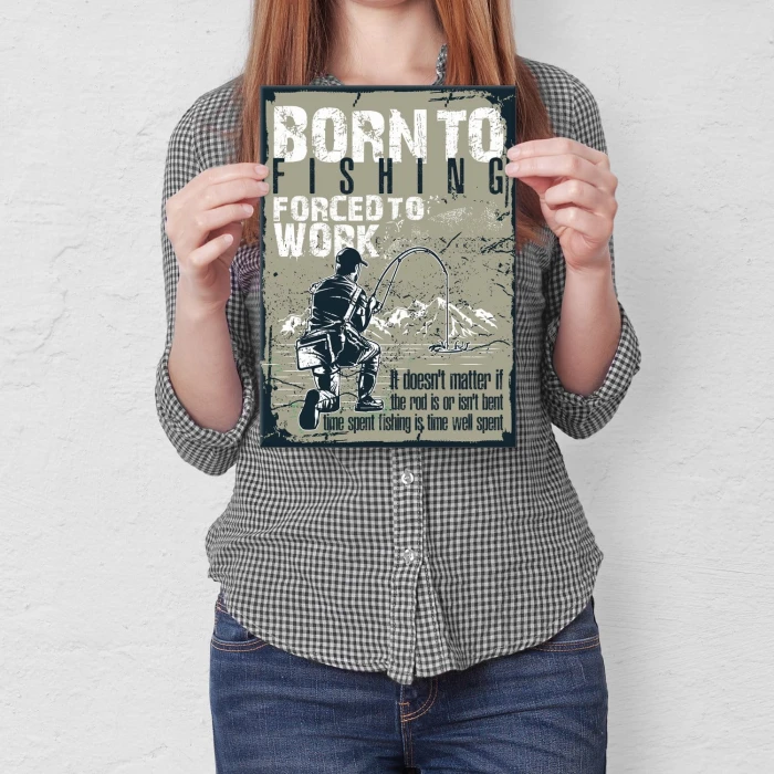 Plakat metalowy Born to fishing Prezent