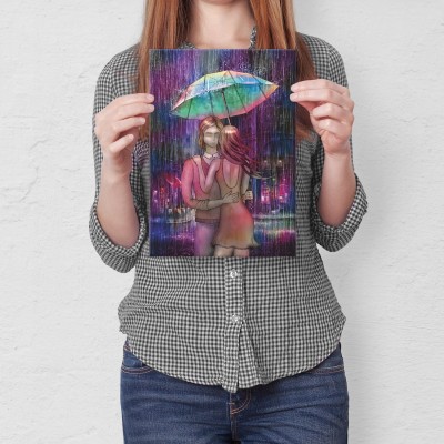 Plakat metalowy Para w deszczu Prezent
