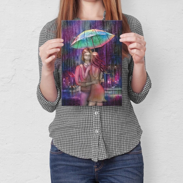 Plakat metalowy Para w deszczu Prezent