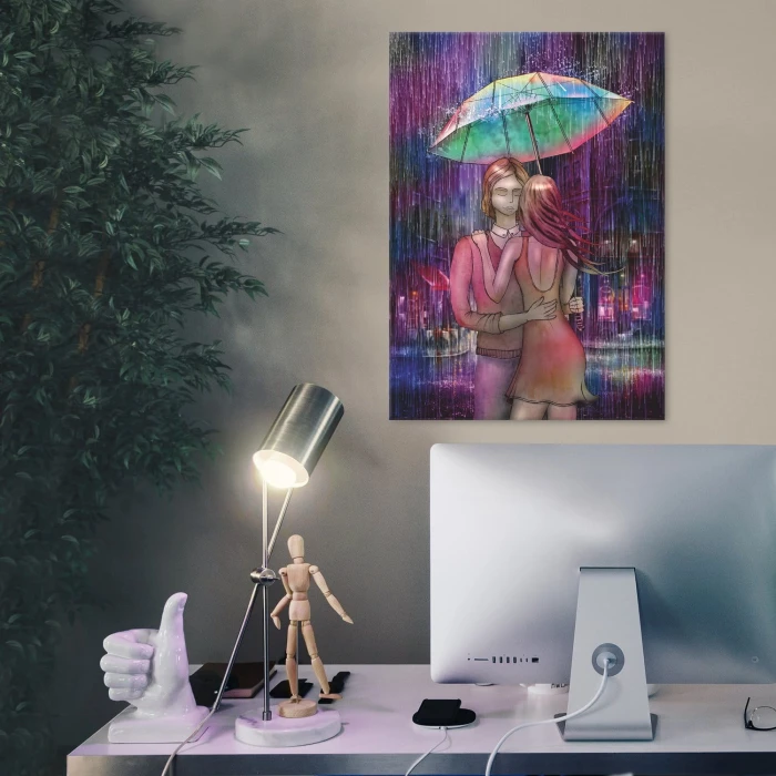 Plakat metalowy Para w deszczu Prezent