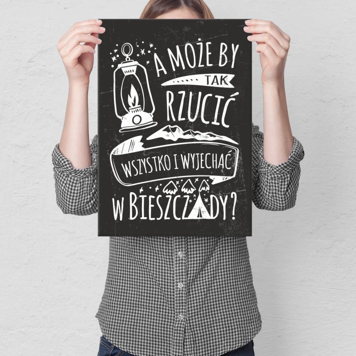 Plakat metalowy Wyjechać w Bieszczady typo Prezent