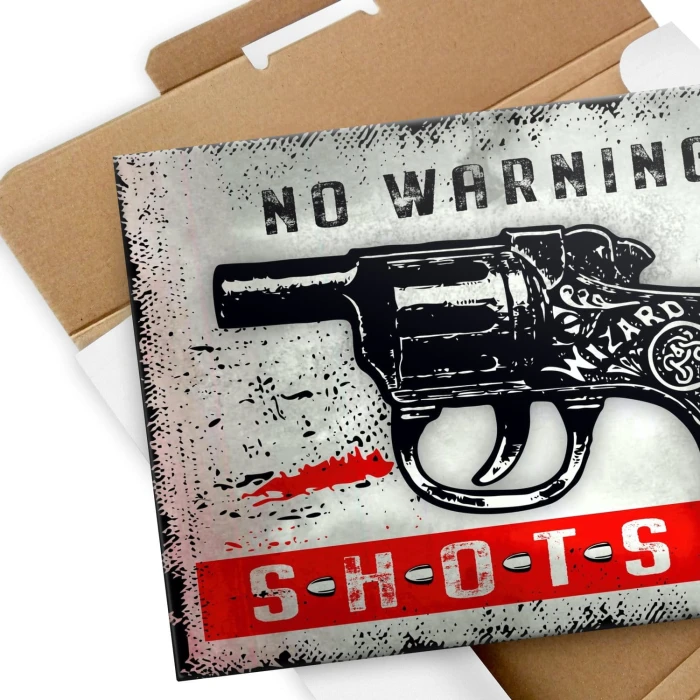 Plakat metalowy no warning shots Prezent