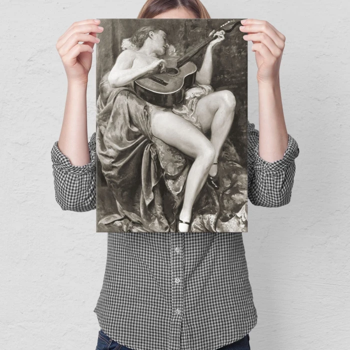 Poster metal Naga kobieta z gitarą gift