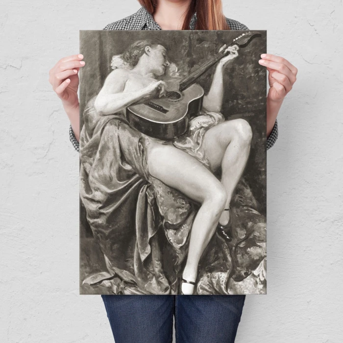 Plakat metalowy Naga kobieta z gitarą Prezent