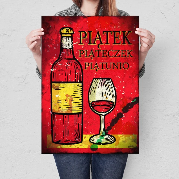Plakat metalowy w piątek wino Prezent