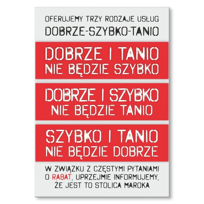 Plakat metalowy Dobrze Szybko Tanio Prezent