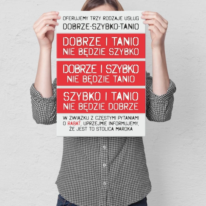 Plakat metalowy Dobrze Szybko Tanio Prezent