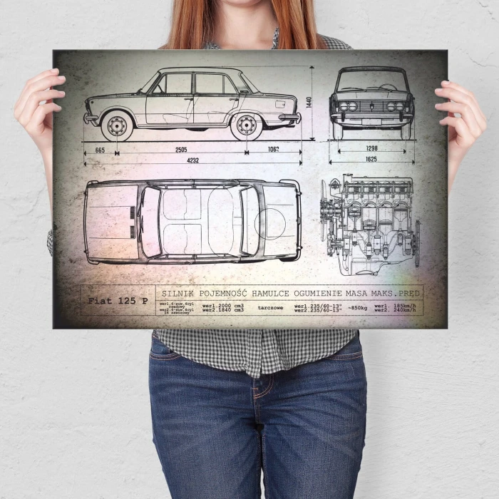 Plakat metalowy Fiat 125P tech Prezent