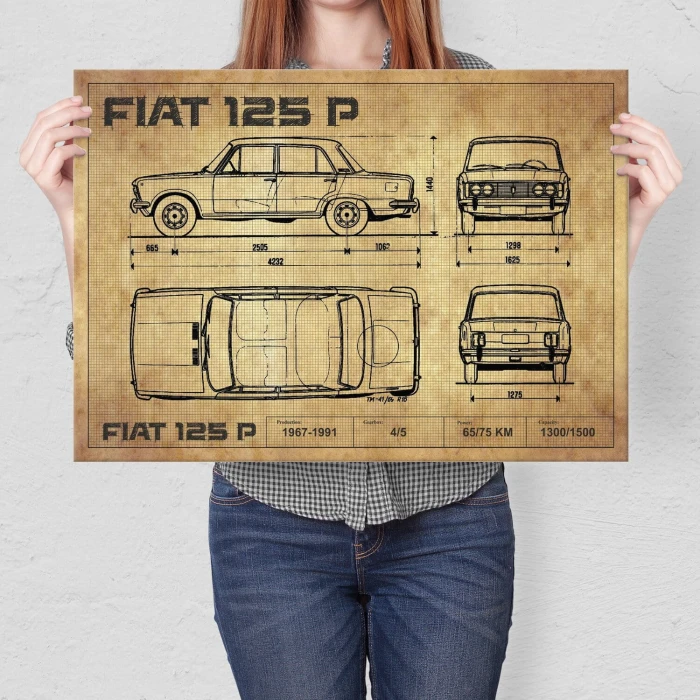 Poster metal Fiat 125p drawing gift