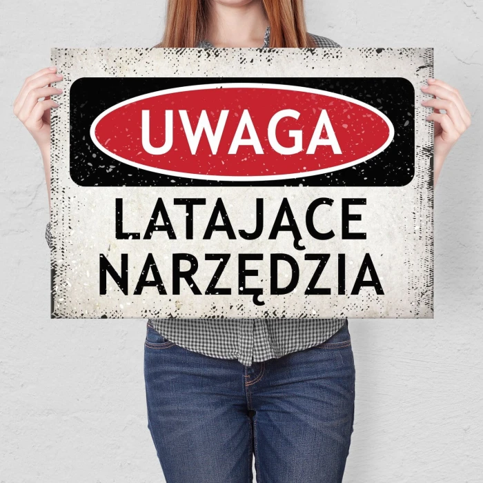 Plakat metalowy uwaga. latające narzędzia Prezent