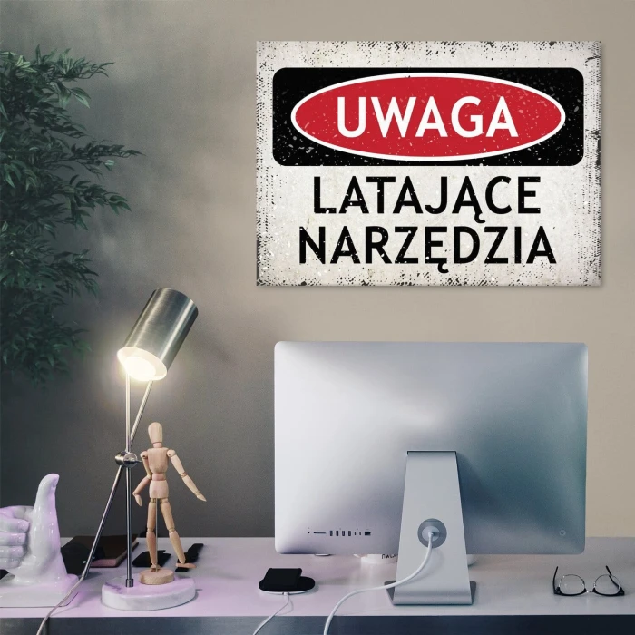 Plakat metalowy uwaga. latające narzędzia Prezent