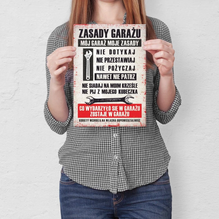 Plakat metalowy zasady garażu Prezent