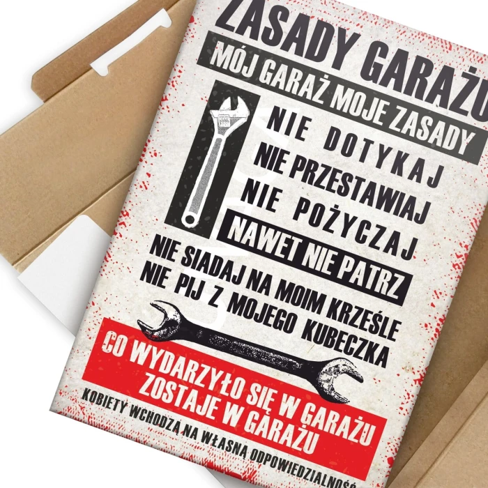 Plakat metalowy zasady garażu Prezent