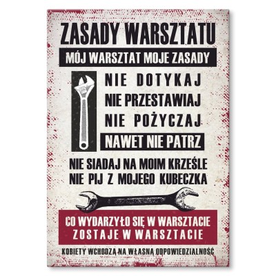 Plakat metalowy zasady warsztatu Prezent