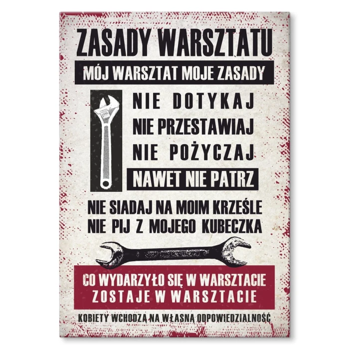 Plakat metalowy zasady warsztatu Prezent