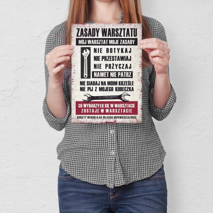 Plakat metalowy zasady warsztatu Prezent