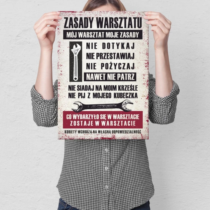 Plakat metalowy zasady warsztatu Prezent