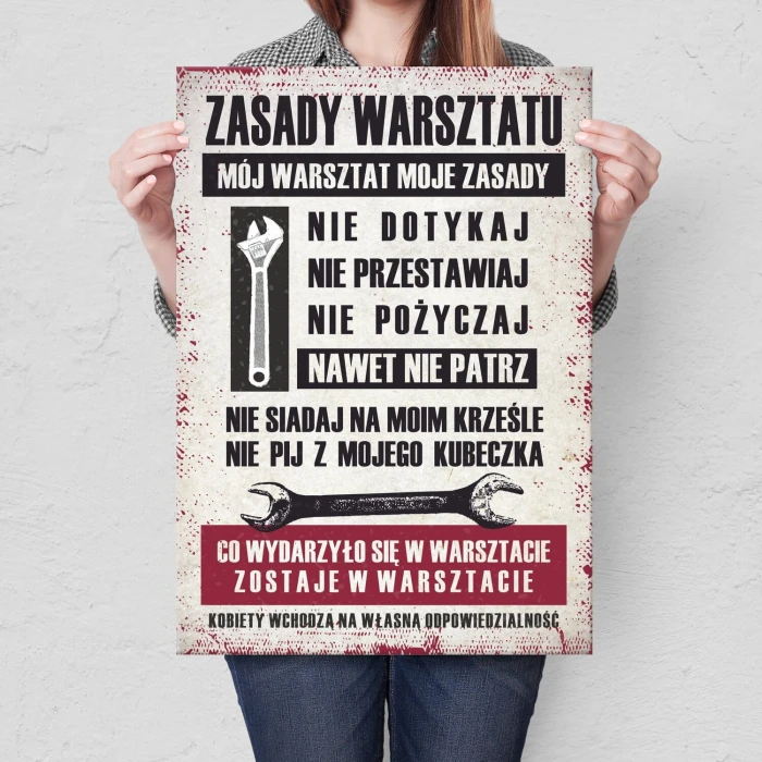 Plakat metalowy zasady warsztatu Prezent