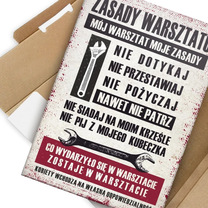Plakat metalowy zasady warsztatu Prezent