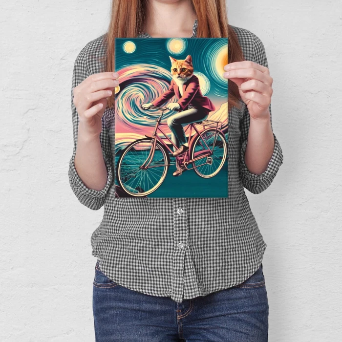 Plakat metalowy kot na rowerze Prezent