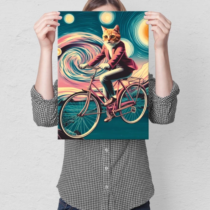 Plakat metalowy kot na rowerze Prezent