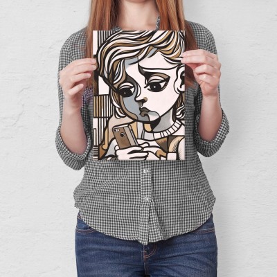 Plakat metalowy dziewczynaka z telefonem Prezent