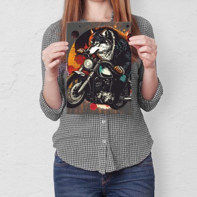 Poster metal wolf on bike gift