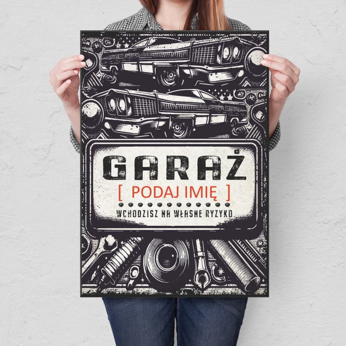 Plakat metalowy garaż z imieniem Prezent