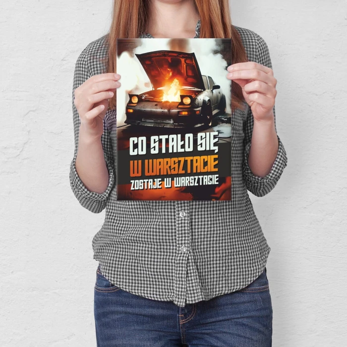 Plakat metalowy co stało się w warsztacie Prezent