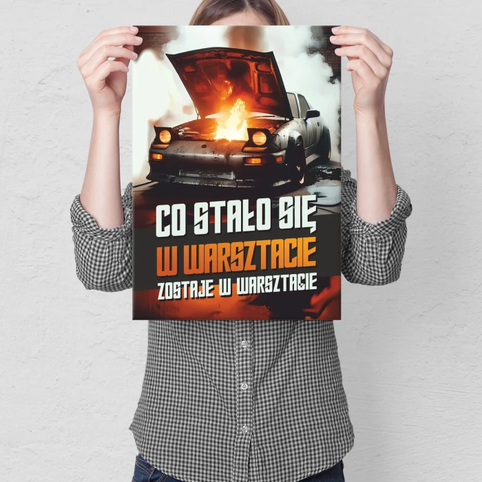 Plakat metalowy co stało się w warsztacie Prezent