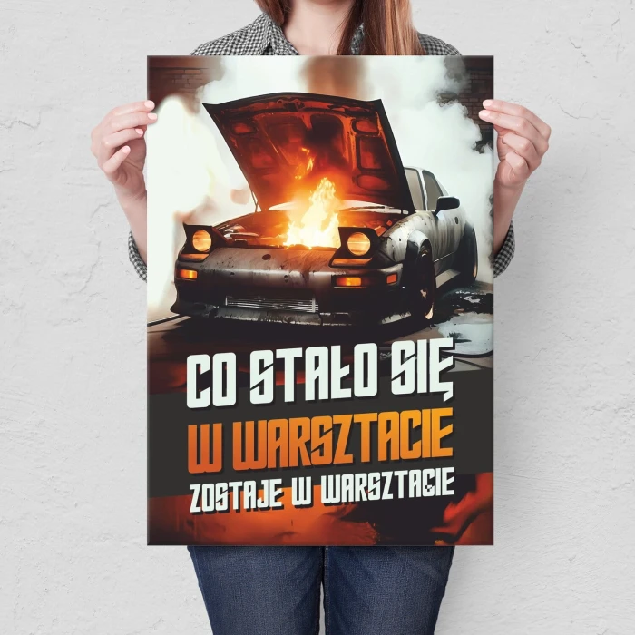 Plakat metalowy co stało się w warsztacie Prezent