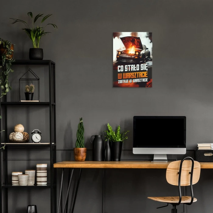 Plakat metalowy co stało się w warsztacie Prezent