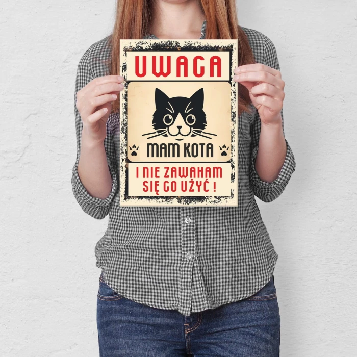 Plakat metalowy uwaga mam kota Prezent