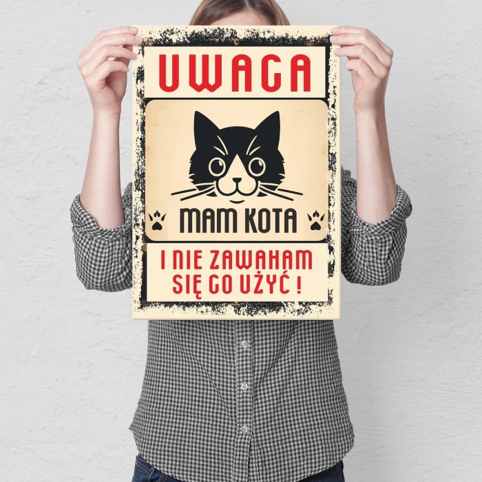 Plakat metalowy uwaga mam kota Prezent
