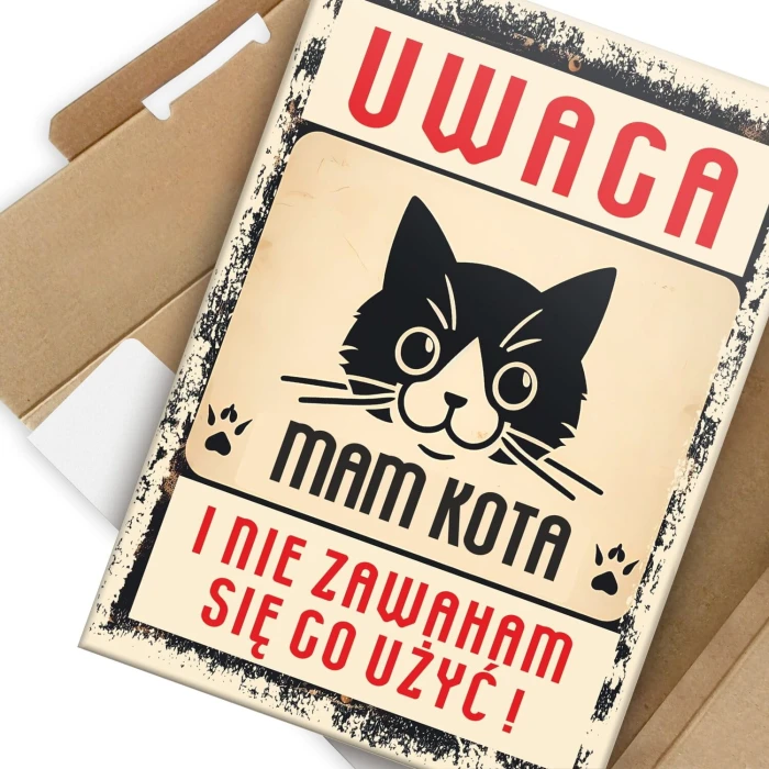Plakat metalowy uwaga mam kota Prezent