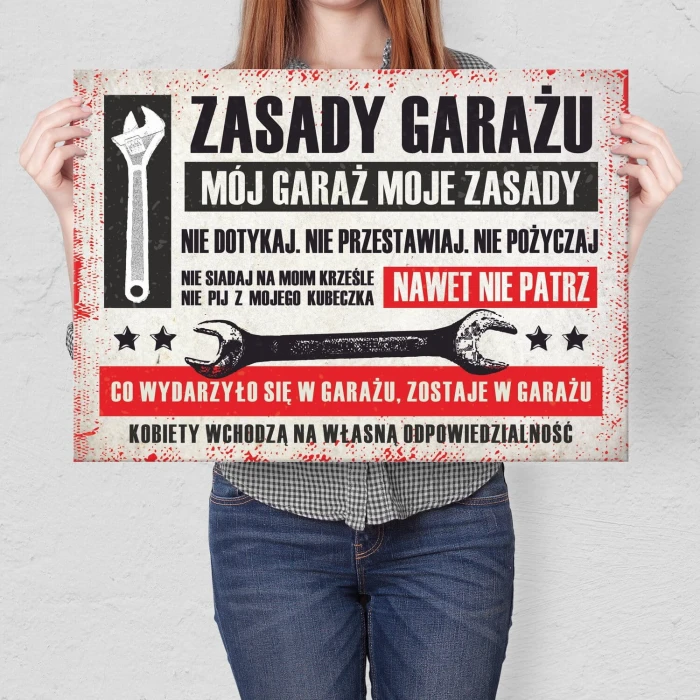 Plakat metalowy zasady garażu pozioma Prezent