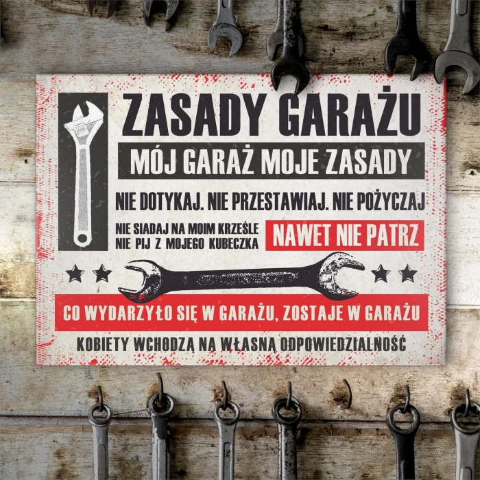 Plakat metalowy zasady garażu pozioma Prezent