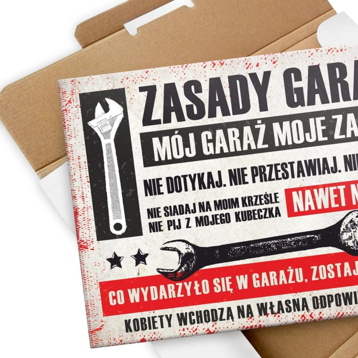 Plakat metalowy zasady garażu pozioma Prezent