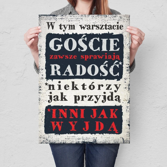Plakat metalowy goście w warsztacie Prezent