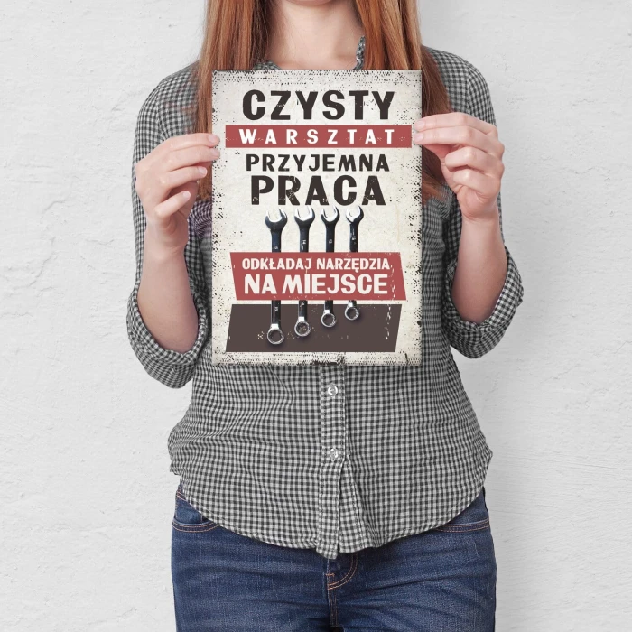 Plakat metalowy czysty warsztat Prezent